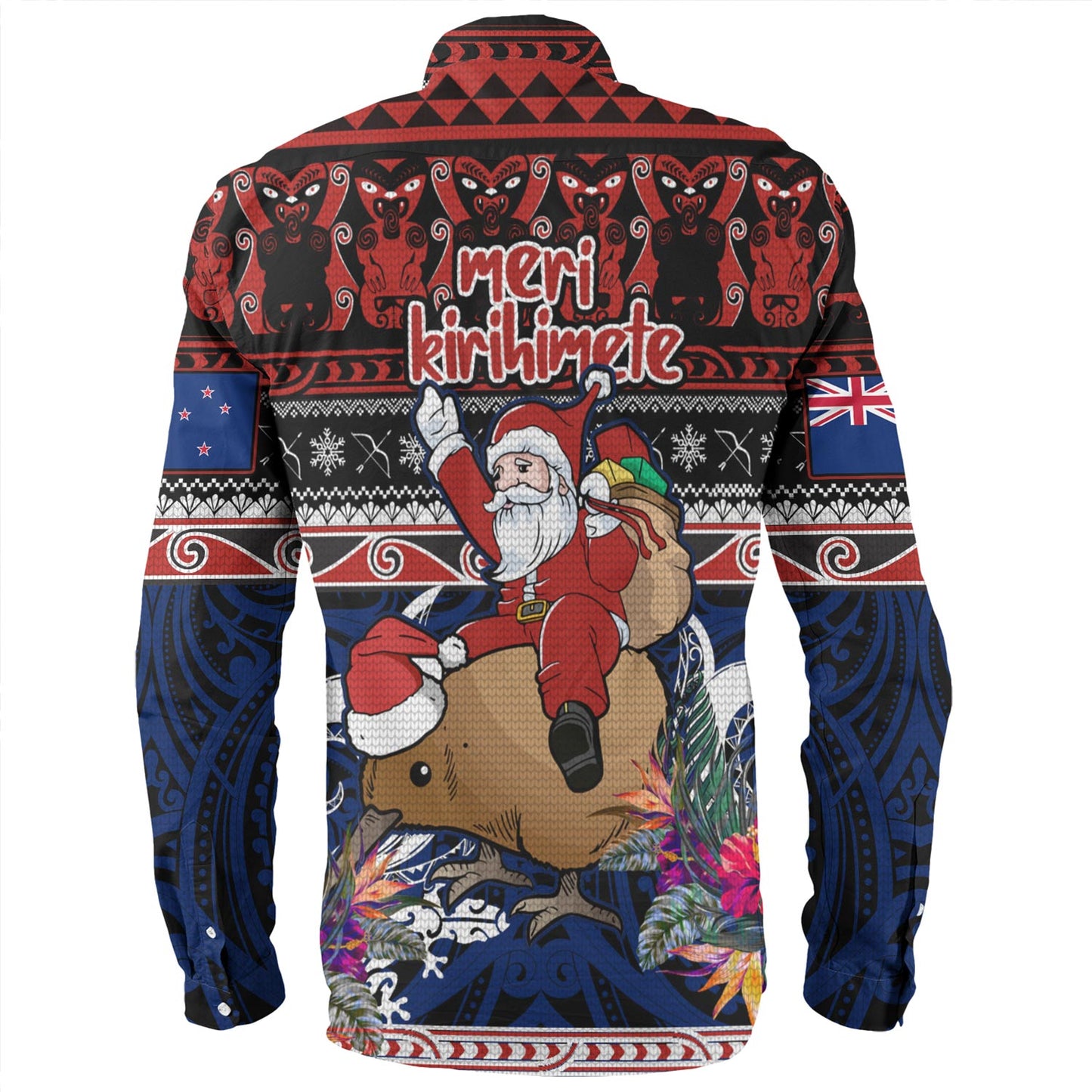 New Zealand Long Sleeve Shirt Santa Riding Kiwi Bird Meri Kirihimete Ugly Christmas Maori Patterns