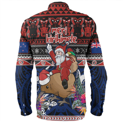 New Zealand Long Sleeve Shirt Santa Riding Kiwi Bird Meri Kirihimete Ugly Christmas Maori Patterns