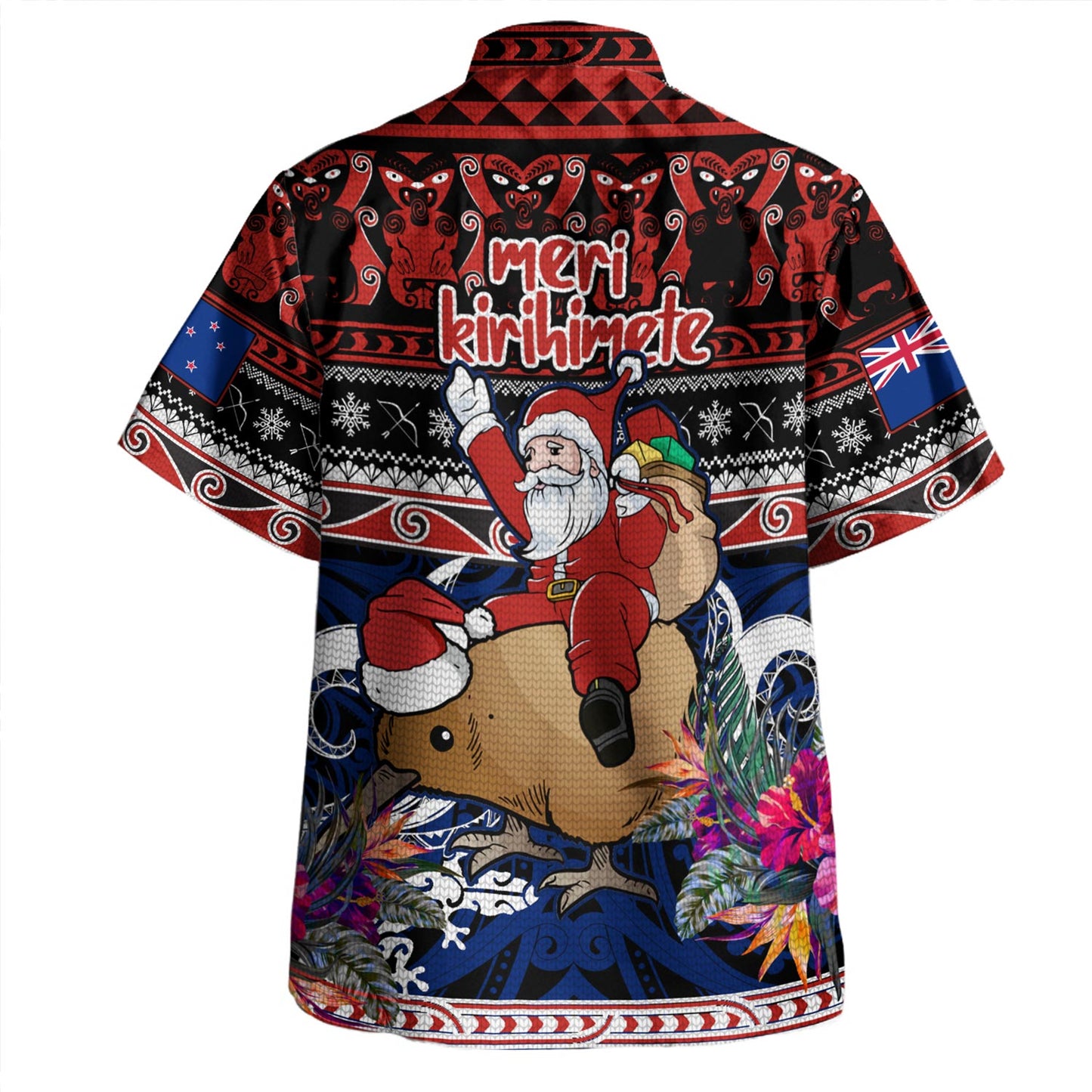 New Zealand Hawaiian Shirt Santa Riding Kiwi Bird Meri Kirihimete Ugly Christmas Maori Patterns