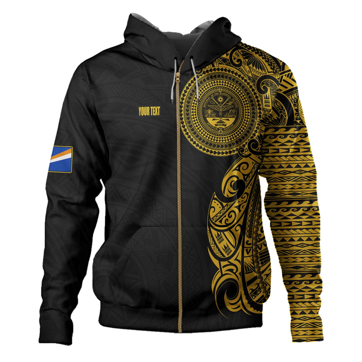 Marshall Islands Hoodie Custom Polynesian Half Sleeve Gold Tattoo With Seal Black