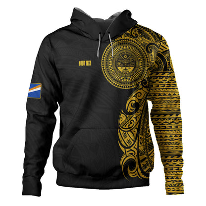 Marshall Islands Hoodie Custom Polynesian Half Sleeve Gold Tattoo With Seal Black