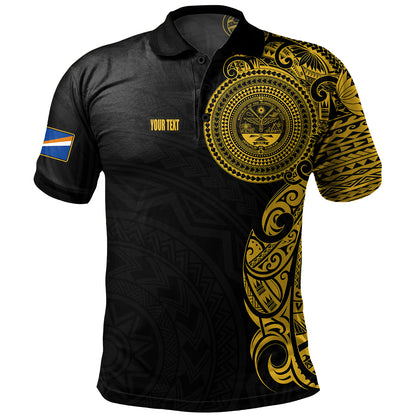Marshall Islands Polo Shirt Custom Polynesian Half Sleeve Gold Tattoo With Seal Black