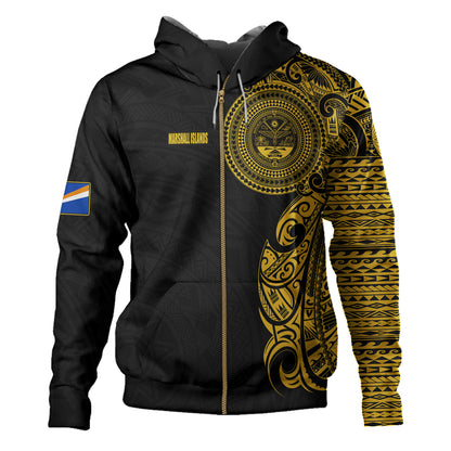 Marshall Islands Hoodie Custom Polynesian Half Sleeve Gold Tattoo With Seal Black