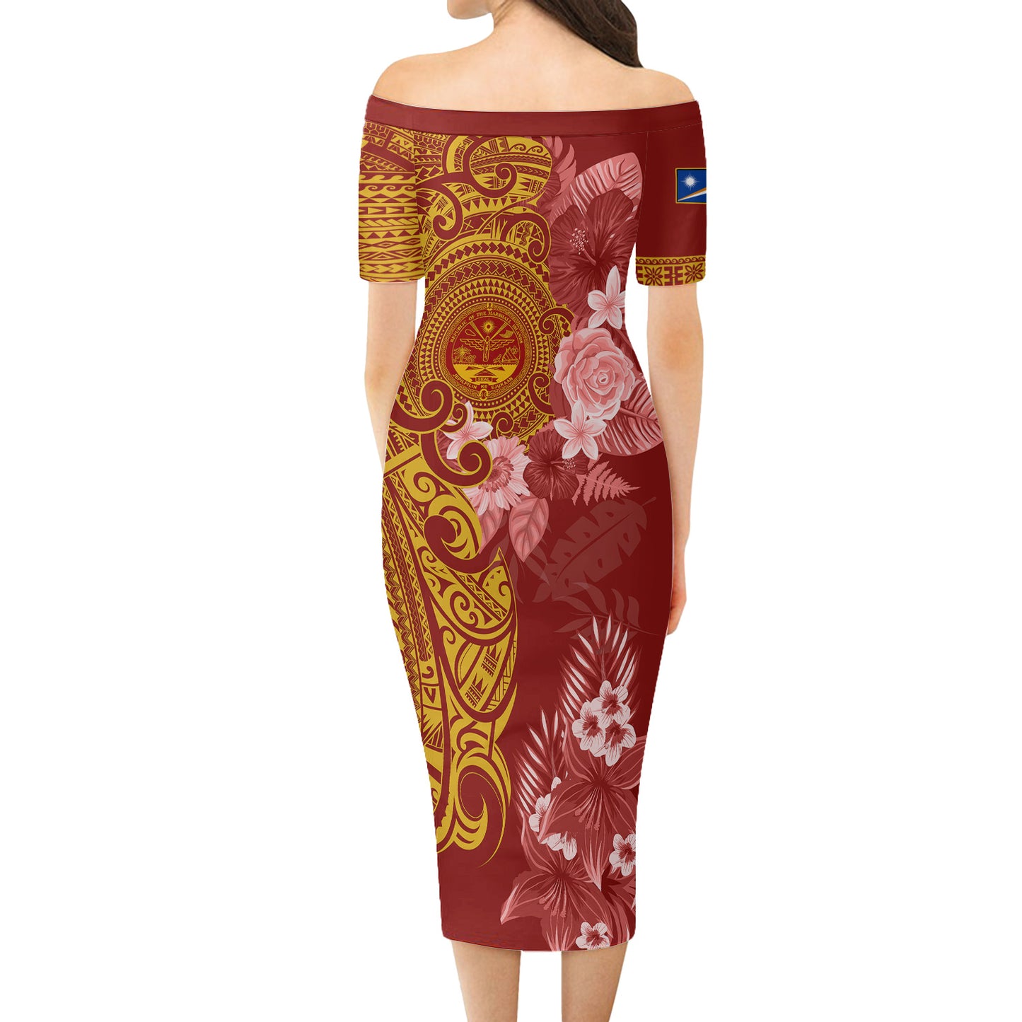 Marshall Islands Short Sleeve Off The Shoulder Lady Dress Polynesian Tropical Plumeria Tribal Red
