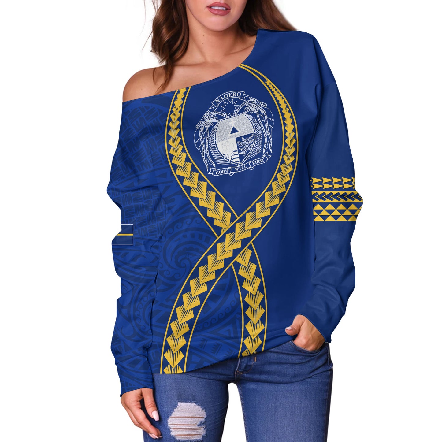 Nauru Off Shoulder Sweatshirt Tribal Polynesian In My Heart