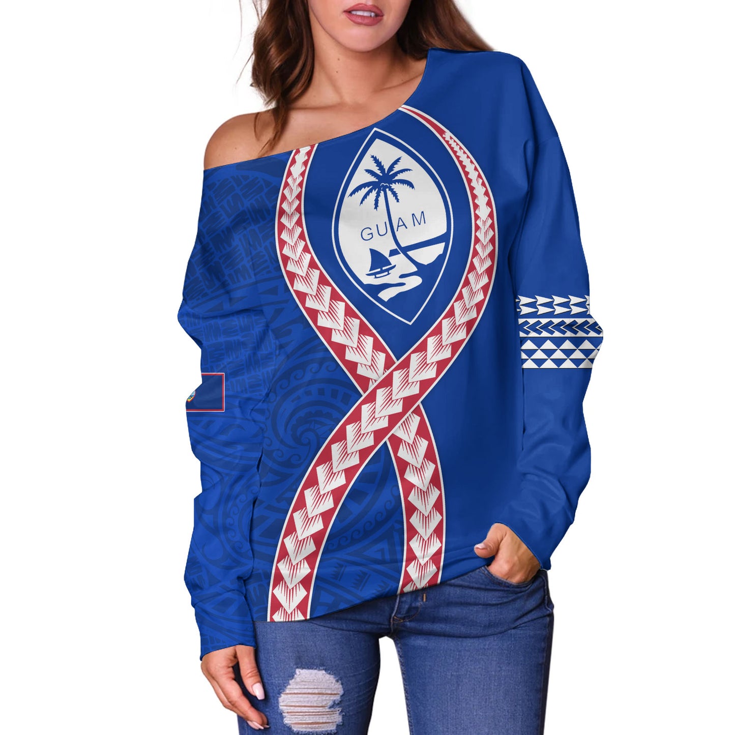 Guam Off Shoulder Sweatshirt Tribal Polynesian In My Heart