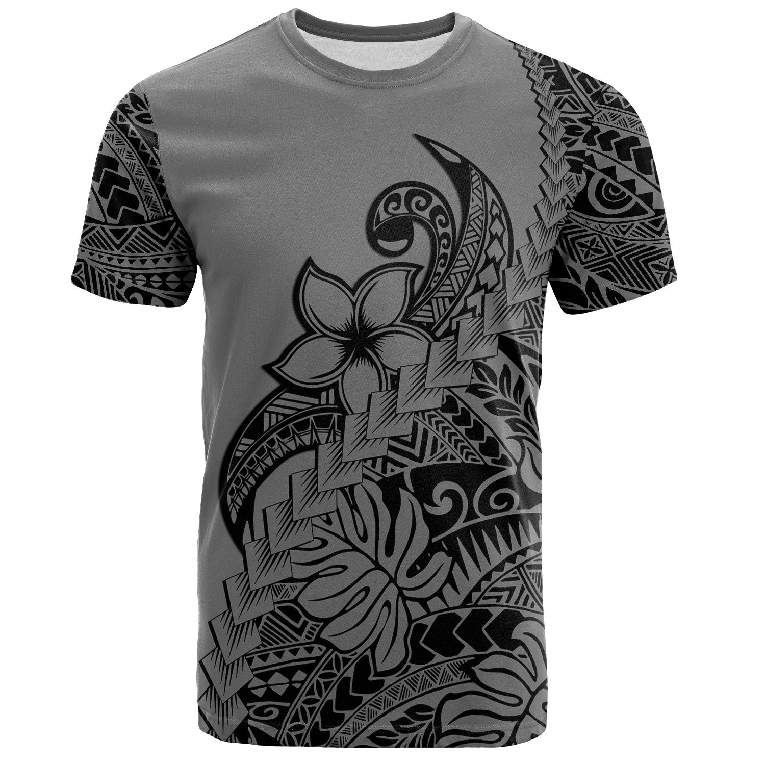 Polynesian T-Shirt Tribal Plumeria Beautiful Grey