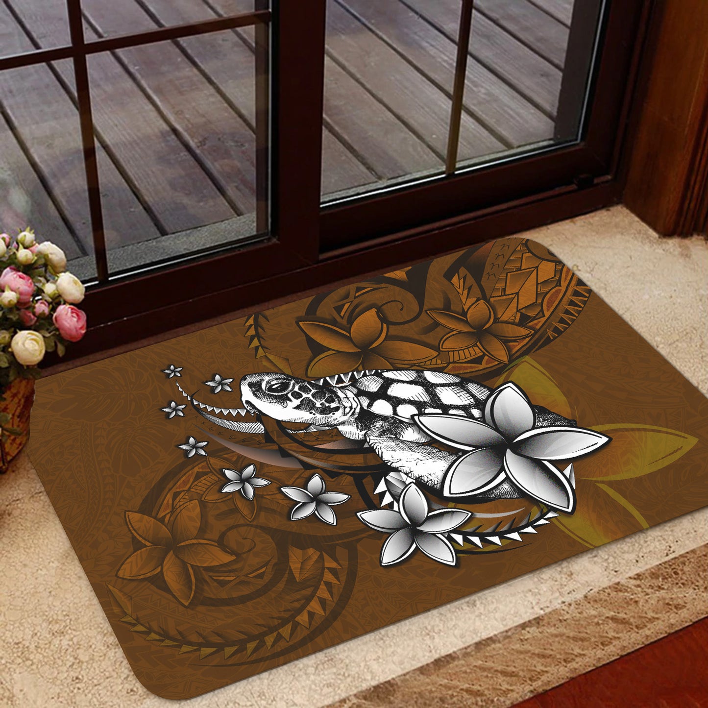 Hawaii Door Mat Sea Turtle With Plumeria Polynesian Patterns Retro Style