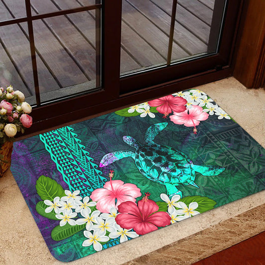 Hawaii Door Mat Sea Turtle Abstract Background With Tropical Flowers Hibiscus And Plumeria