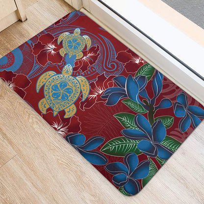 Hawaii Door Mat Polynesian Cultures Turtle Couple Tropical Flowers Red Color