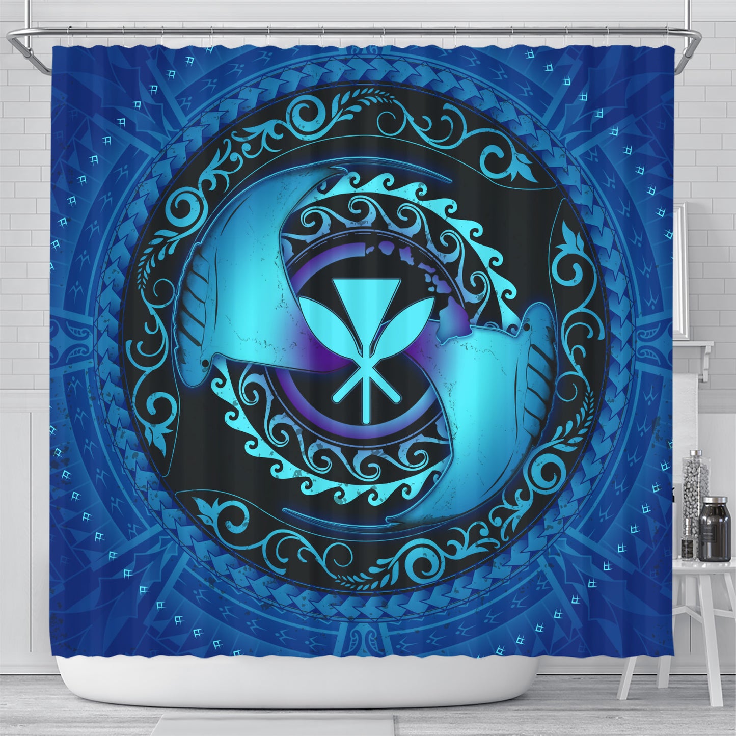 Hawaii Shower Curtain Manta Ray Couple Polynesian Ocean Style