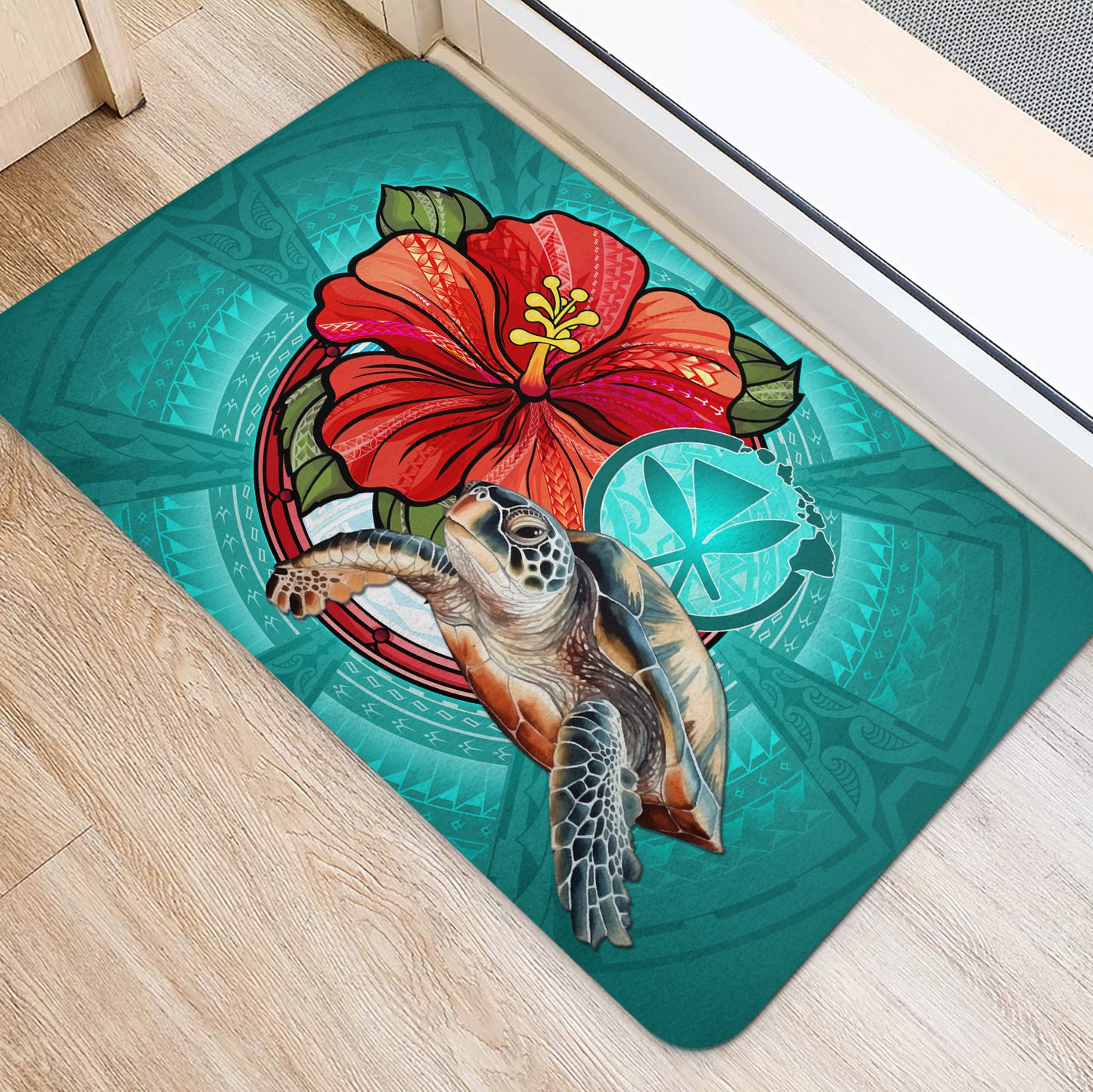 Hawaii Door Mat Hawaiian Map Turtle Hibiscus Flowers Polynesian Patterns Style