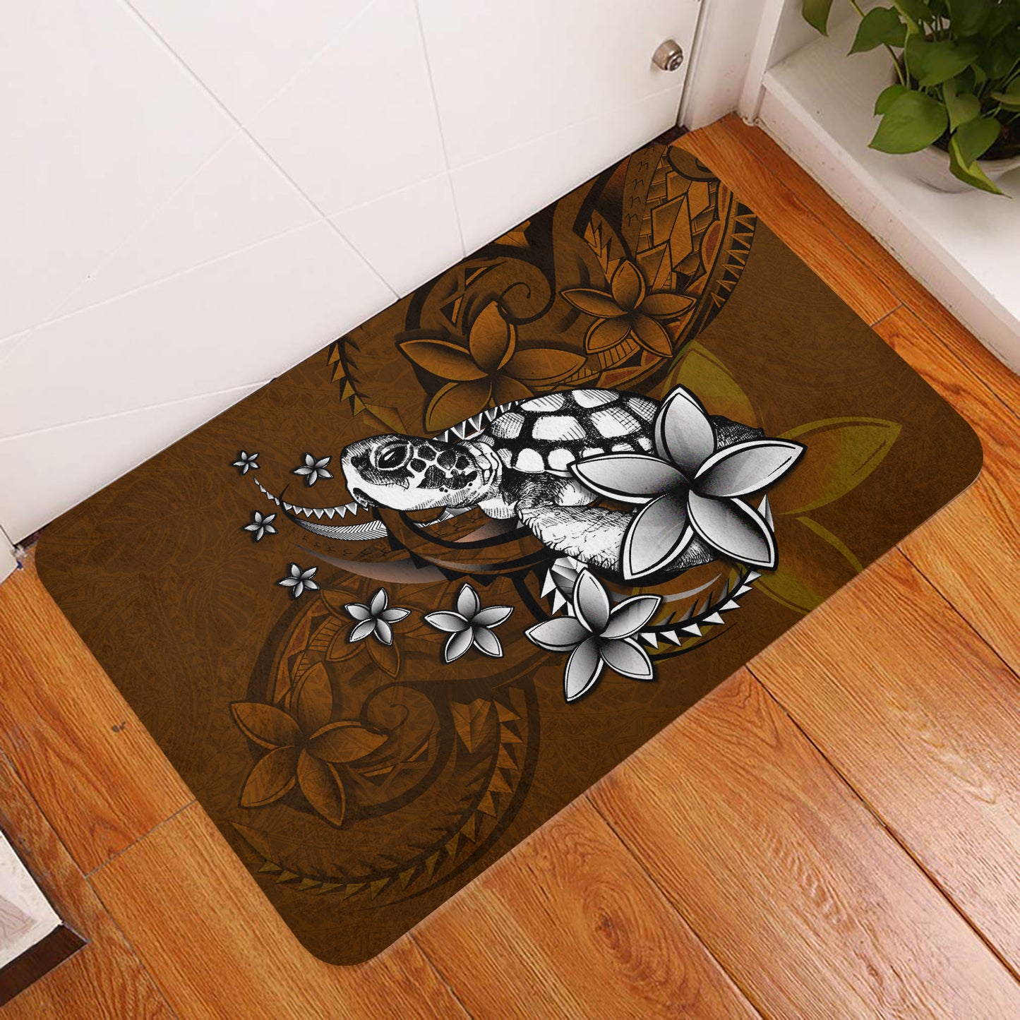 Hawaii Door Mat Sea Turtle With Plumeria Polynesian Patterns Retro Style