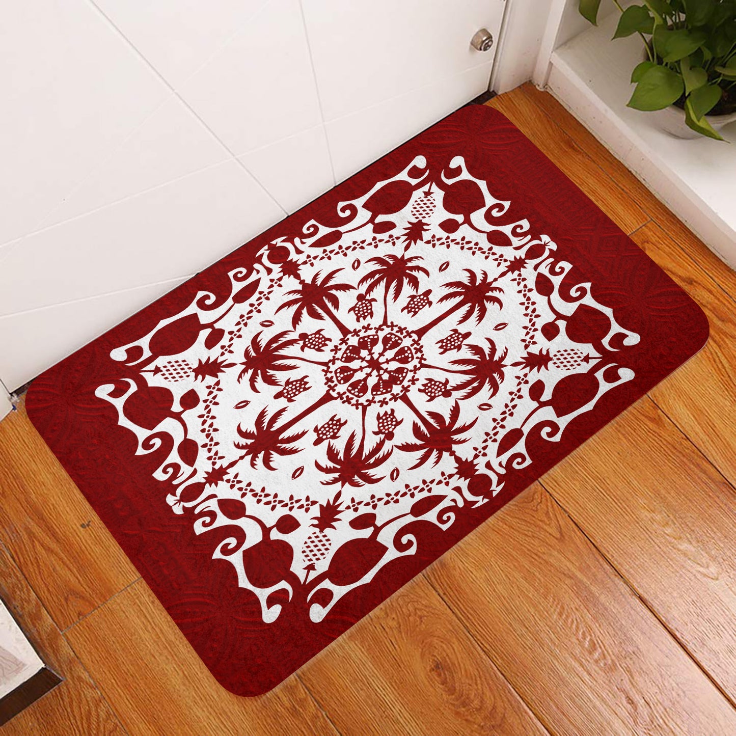 Hawaii Door Mat Red Hawaii Pattern Palm Trees and Turtles Polynesian