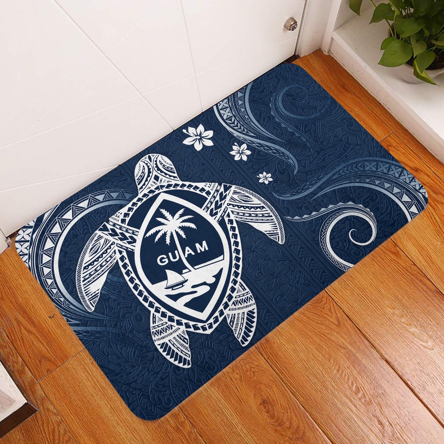 Guam Door Mat Turtle Polynesian Pattern Blue Ver