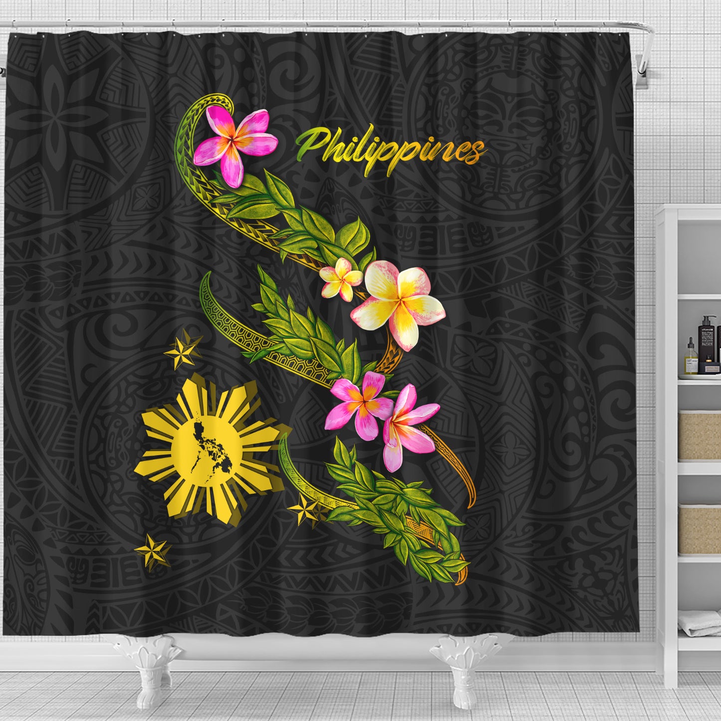 Philippines Filipinos Shower Curtain Philippines Sun And Map Plumeria Tribal
