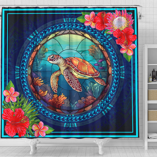 Hawaii Shower Curtain Polynesian Patterns Turtle Mascot WaterColor Style