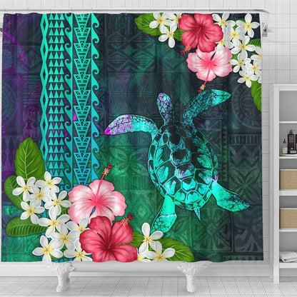 Hawaii Shower Curtain Sea Turtle Abstract Background With Tropical Flowers Hibiscus And Plumeria