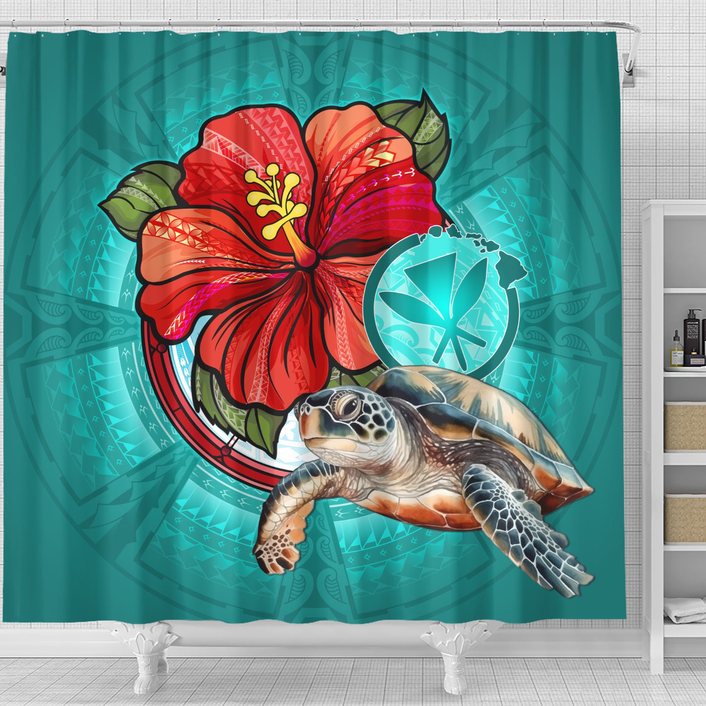 Hawaii Shower Curtain Hawaiian Map Turtle Hibiscus Flowers Polynesian Patterns Style