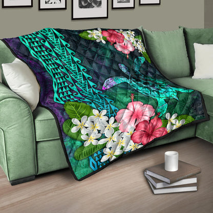 Hawaii Premium Quilt Sea Turtle Abstract Background With Tropical Flowers Hibiscus And Plumeria