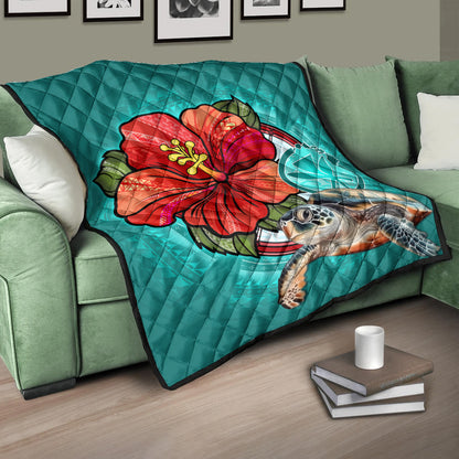 Hawaii Premium Quilt Hawaiian Map Turtle Hibiscus Flowers Polynesian Patterns Style