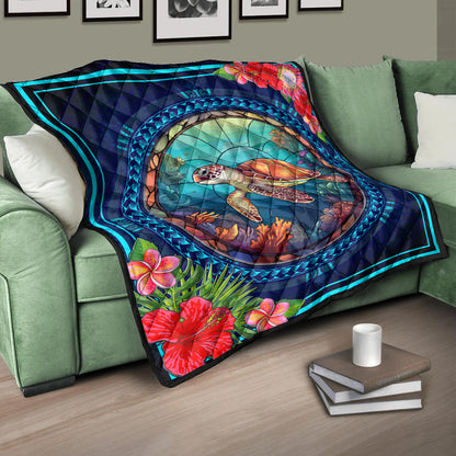 Hawaii Premium Quilt Polynesian Patterns Turtle Mascot WaterColor Style