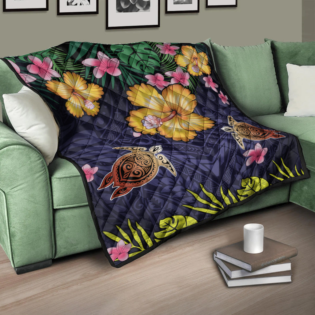 Hawaii Premium Quilt Polynesian Patterns Turtle Couple Hibiscus Plumeria Flowers