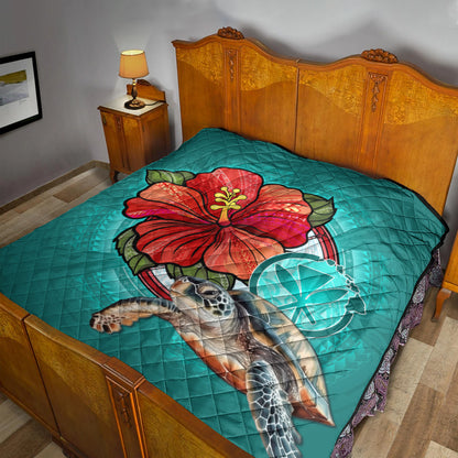 Hawaii Premium Quilt Hawaiian Map Turtle Hibiscus Flowers Polynesian Patterns Style