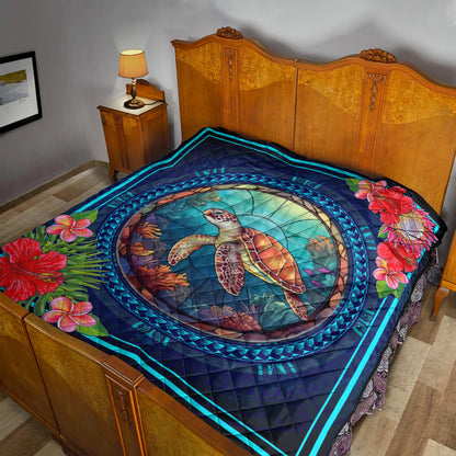 Hawaii Premium Quilt Polynesian Patterns Turtle Mascot WaterColor Style