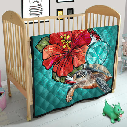 Hawaii Premium Quilt Hawaiian Map Turtle Hibiscus Flowers Polynesian Patterns Style