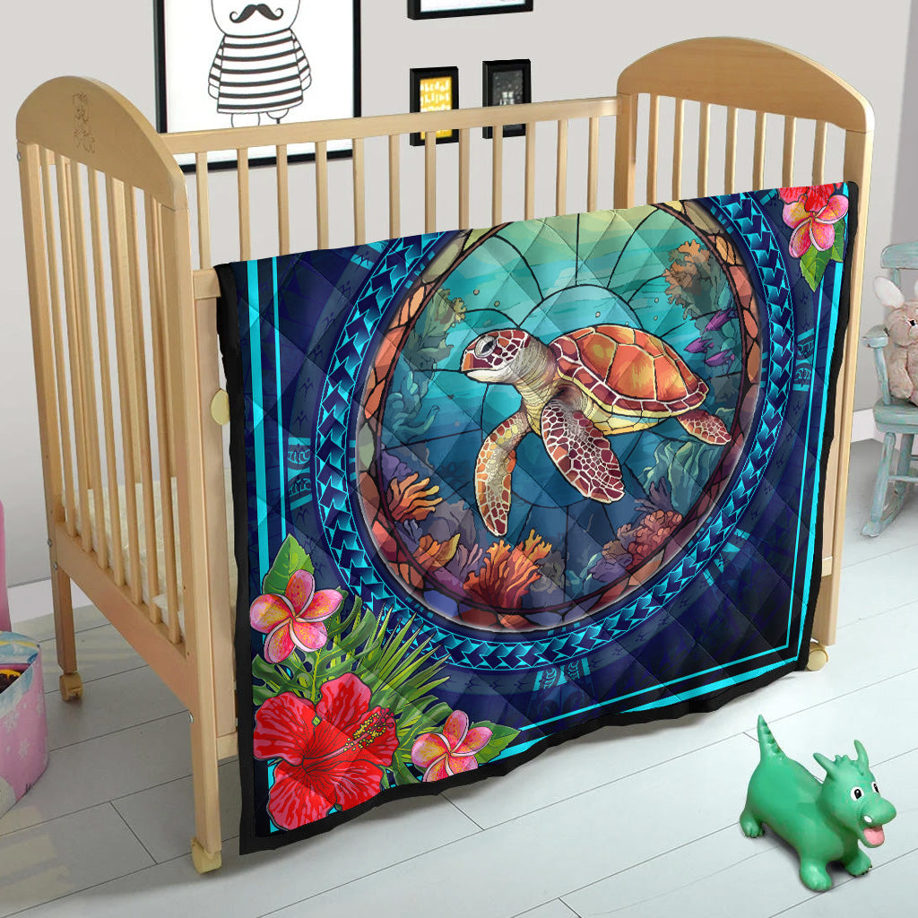 Hawaii Premium Quilt Polynesian Patterns Turtle Mascot WaterColor Style