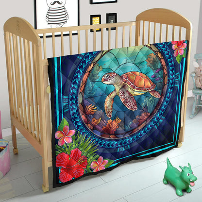 Hawaii Premium Quilt Polynesian Patterns Turtle Mascot WaterColor Style