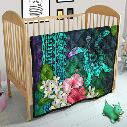 Hawaii Premium Quilt Sea Turtle Abstract Background With Tropical Flowers Hibiscus And Plumeria
