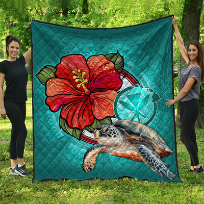 Hawaii Premium Quilt Hawaiian Map Turtle Hibiscus Flowers Polynesian Patterns Style