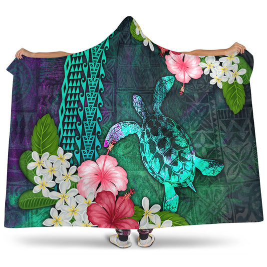 Hawaii Hooded Blanket Sea Turtle Abstract Background With Tropical Flowers Hibiscus And Plumeria