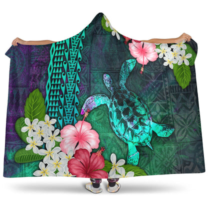 Hawaii Hooded Blanket Sea Turtle Abstract Background With Tropical Flowers Hibiscus And Plumeria