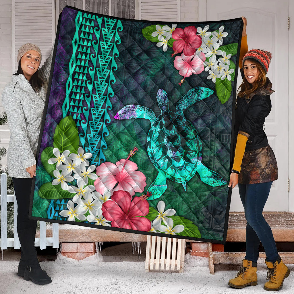 Hawaii Premium Quilt Sea Turtle Abstract Background With Tropical Flowers Hibiscus And Plumeria