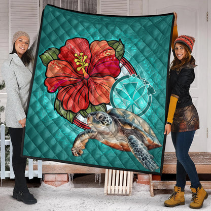 Hawaii Premium Quilt Hawaiian Map Turtle Hibiscus Flowers Polynesian Patterns Style