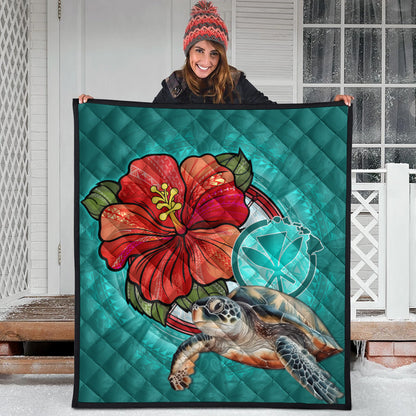 Hawaii Premium Quilt Hawaiian Map Turtle Hibiscus Flowers Polynesian Patterns Style