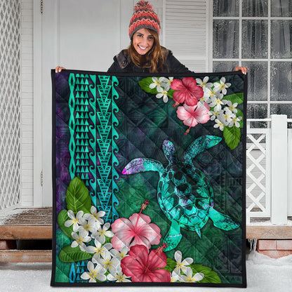 Hawaii Premium Quilt Sea Turtle Abstract Background With Tropical Flowers Hibiscus And Plumeria