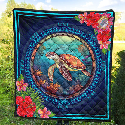 Hawaii Premium Quilt Polynesian Patterns Turtle Mascot WaterColor Style