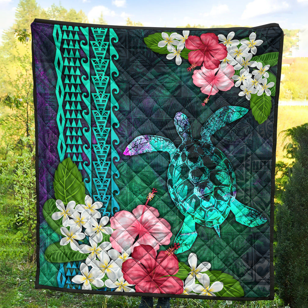 Hawaii Premium Quilt Sea Turtle Abstract Background With Tropical Flowers Hibiscus And Plumeria