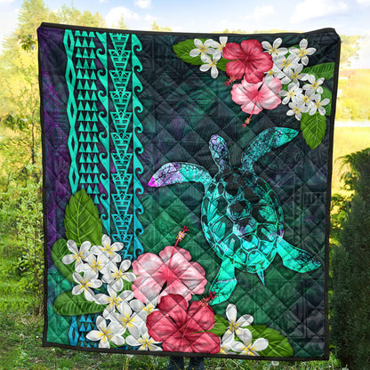 Hawaii Premium Quilt Sea Turtle Abstract Background With Tropical Flowers Hibiscus And Plumeria