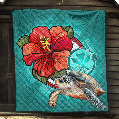Hawaii Premium Quilt Hawaiian Map Turtle Hibiscus Flowers Polynesian Patterns Style