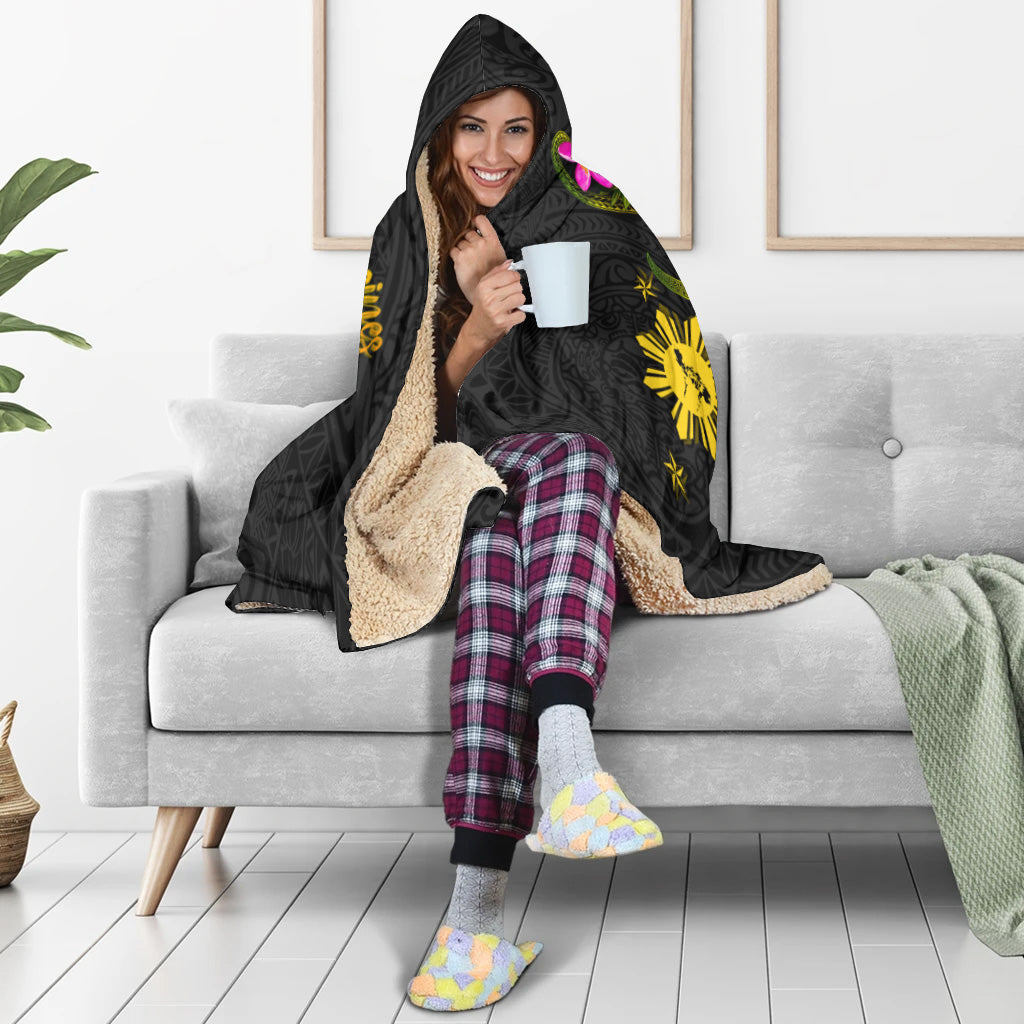 Philippines Filipinos Hooded Blanket Philippines Sun And Map Plumeria Tribal