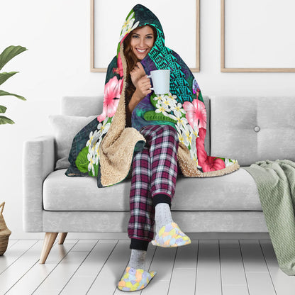 Hawaii Hooded Blanket Sea Turtle Abstract Background With Tropical Flowers Hibiscus And Plumeria