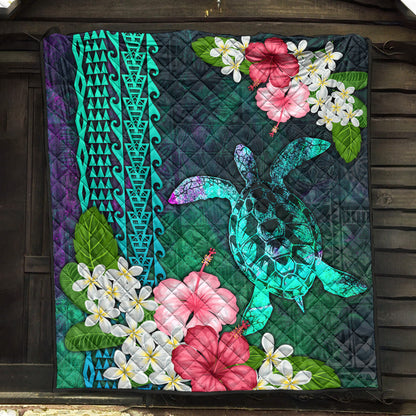 Hawaii Premium Quilt Sea Turtle Abstract Background With Tropical Flowers Hibiscus And Plumeria