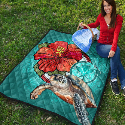 Hawaii Premium Quilt Hawaiian Map Turtle Hibiscus Flowers Polynesian Patterns Style