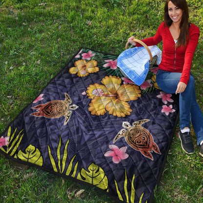Hawaii Premium Quilt Polynesian Patterns Turtle Couple Hibiscus Plumeria Flowers