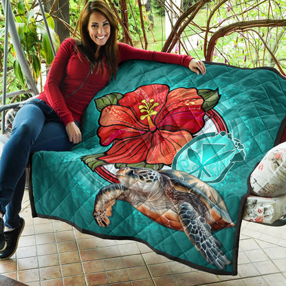 Hawaii Premium Quilt Hawaiian Map Turtle Hibiscus Flowers Polynesian Patterns Style